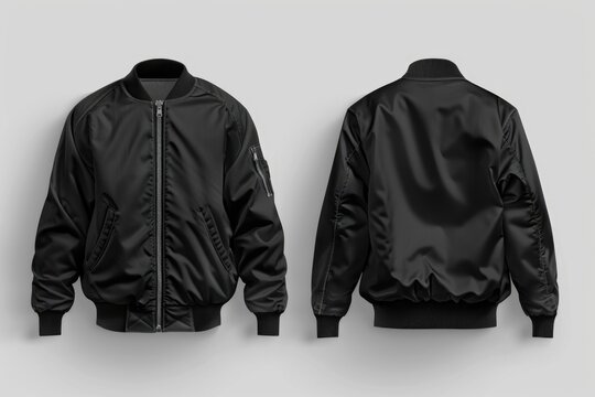 A stylish black bomber jacket on a clean white background. Perfect for fashion or clothing concepts
