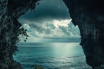 Dramatic seascape framed by rocky cliffs with moody sky - Powered by Adobe