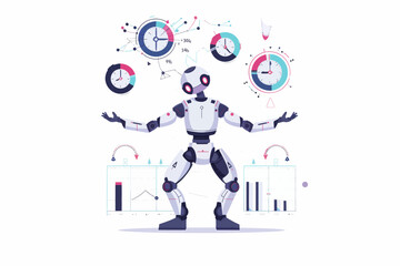 a robot standing in front of a bunch of clocks