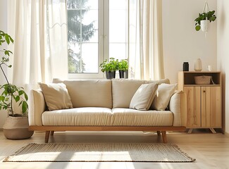 Cozy living room interior with a designed beige sofa, wooden commode and elegant personal accessories in a modern home decor style