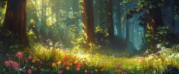 A Dense Forest With Towering Redwood Trees, Sunlight Filtering Through The Leaves, And Vibrant Flowers Growing Along Its Path