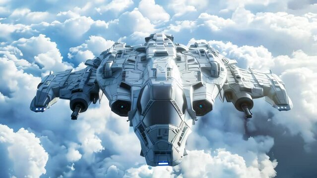 A futuristic airborne battleship among volumetric clouds