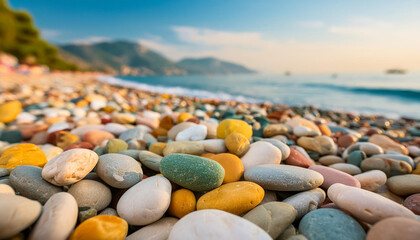 Beautiful and colorful pebbles on the beach. Smooth stones. Close-up.