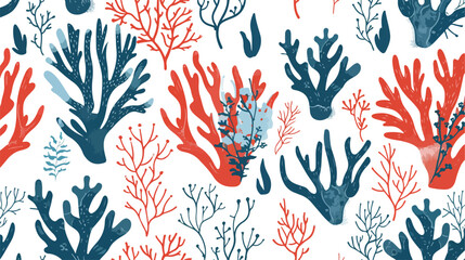 Seamless pattern with red and blue corals and seaweed