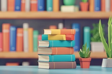 A stack of books on a table next to a potted plant. Suitable for educational or home decor concepts
