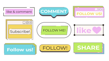 Social Media Call-To-Action Stickers. for video and social networks. social media button with elements text like, follow us, subscribe. User Elements in Retro Computer Interface