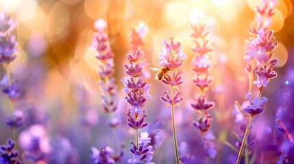 Obraz premium Serene Lavender Field at Sunset, a Tranquil Nature Scene. Perfect for Relaxation and Zen Themes. Shot in Soft Focus for Artistic Flair. Ideal for Spa and Wellness Background Use. AI