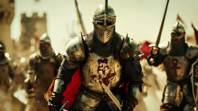 A cinematic still of medieval knights in armor charging into battle