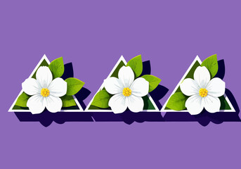 three white flowers with green leaves on a purple background