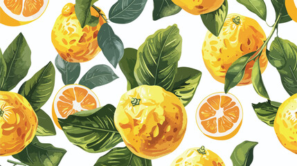 Seamless tropical pattern with yuzu and leaves on white background