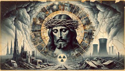 Obraz premium Sorrowful Contemplation: A torn page art piece, capturing Jesus Christ's reflection on the catastrophic aftermath of a nuclear bomb.