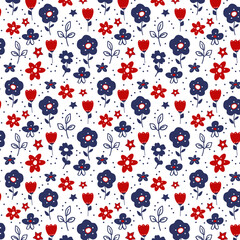 Seamless background in folk style, bright blue and red flowers, hand-painted on a white background. Scandinavian pattern, print for printing on fabric, packaging, postcards and design.