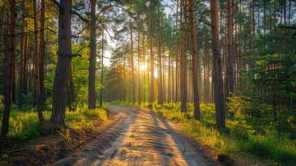 Fototapeta premium Pine forest on Forest Road on a sunny summer day