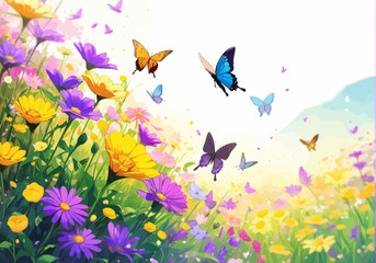 a field full of colorful flowers and butterflies