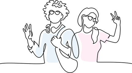 Boy and girl students greeting Hands up. Continuous one line drawing.