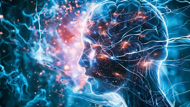 A human head with brain and neural connections. Artificial intelligence technology concept animation.