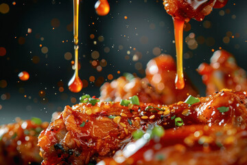 Sizzling Hot Chicken Wings with Sweet Glaze. Close-up of succulent chicken wings coated in a vibrant, sweet glaze, garnished with sesame seeds and green onions, with droplets captured mid-air.