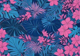 a bunch of blue and pink flowers on a blue background