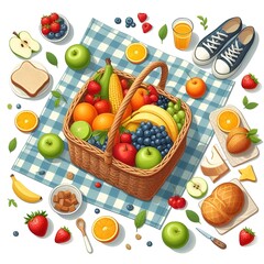 Picnic with a basket of fruits illustration with white background, anime style. View from above. flat image 2d. no distortion. all objects not cut and seen. generative AI, created with Al tool