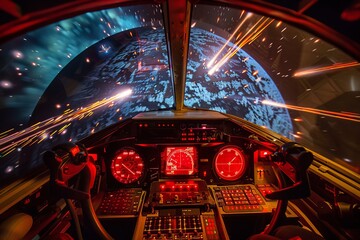 Dynamic view from a spaceship cockpit during simulated hyperspace travel, with colorful light trails