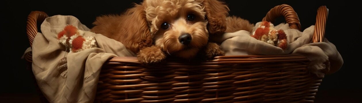 Portrait of a toy poodle in a familiar old basket, evoking a sense of growth and change over time, suitable for pet growth timelines in magazines
