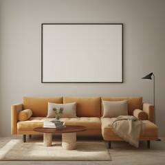 Frame mockup, ISO A paper size. Living room wall poster mockup. Interior mockup with house background. Modern interior design. 3D render
