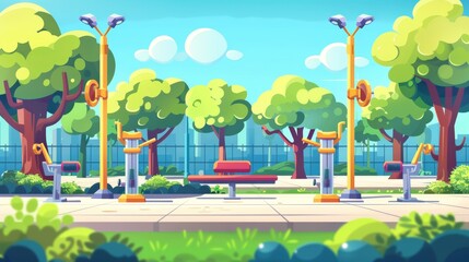 A colorful modern illustration of colorful fitness equipment in an outdoor gym, a school yard or campus in a sunny summer park.