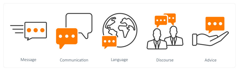 A set of 5 communication icons as message, communication, language