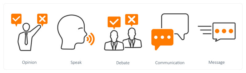 A set of 5 communication icons as opinion, speak, debat