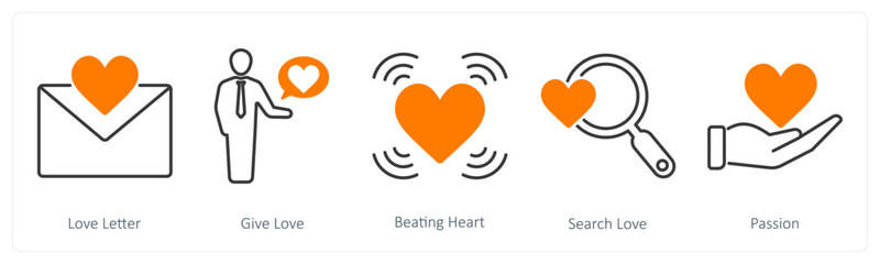 A set of 5 Love and Romance icons as love letter, give love, beating heart