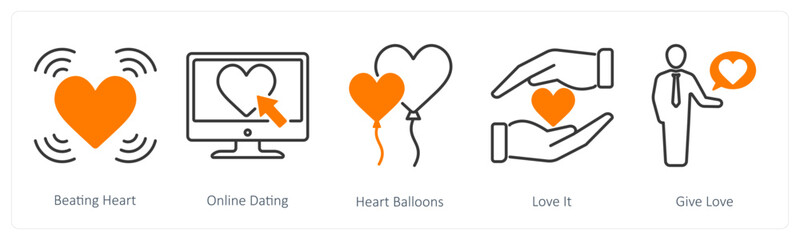 A set of 5 Love and Romance icons as beating heart, online dating, heart balloons