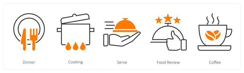 A set of 5 Restaurant icons as dinner, cooking, serve