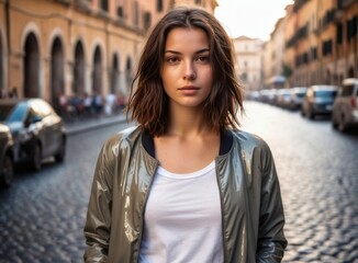Fototapeta premium Portrait of a young girl with short hair on the street of the old town