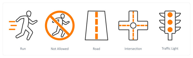 A set of 5 Running icons as run, not allowed, road