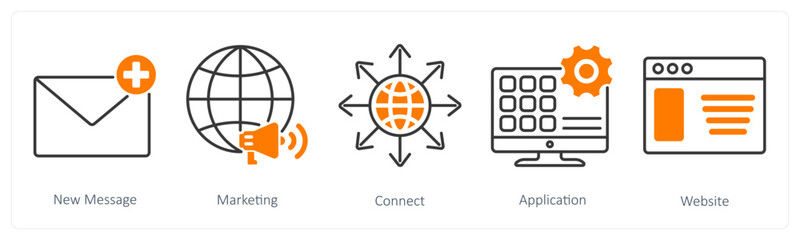 A set of 5 Social Media icons as new message, marketing, connect