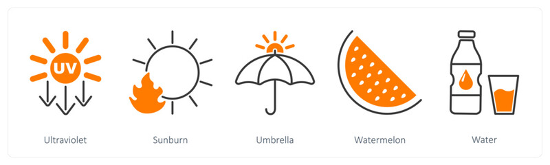 A set of 5 Sun Protection icons as ultraviolet, sunburn, umbrella