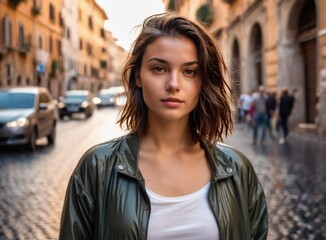 Fototapeta premium Portrait of a young girl with short hair on the street of the old town