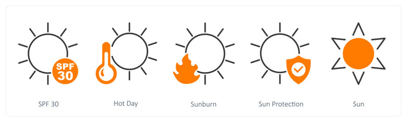 A set of 5 Sun Protection icons as spf 30, hot day, sunburn