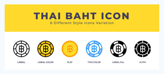 Fototapeta na wymiar Thai baht icon symbol set. outline. glyph black. flat color and filled line color.