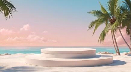 Fototapeta premium Tropical Beach Scene with Pink Podium Display and Palm Trees.
