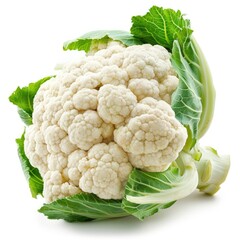 Fresh cauliflower with green leaves, cut out - stock png.