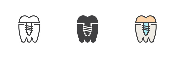 Dental implant tooth different style icon set