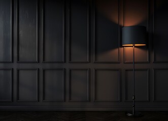 dark room wall with dark gray paneling, floor lamp on the right side of picture casting light and shadow, photorealistic