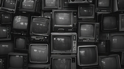A collection of old black and white televisions