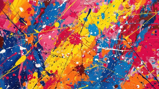 A colorful painting with splatters of paint that creates a sense of chaos