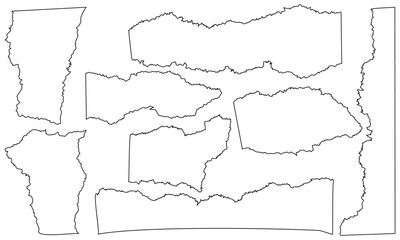 Set of Contours Torn Paper Stickers, Lineart, Outline Collection of Strips with Ripped Edges, Black Outlines Frames, Vector Illustration