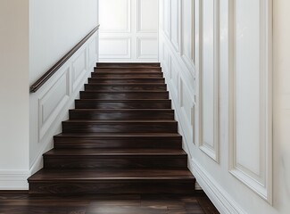 Fototapeta na wymiar Dark wood staircase in a luxury home with white walls and dark hardwood floors stock photo, high quality photo