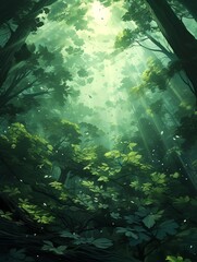 Obraz premium Capture the majestic beauty of a forest canopy from the perspective of a tiny insect, vividly illustrating sunlight filtering through emerald leaves in a detailed digital artwork