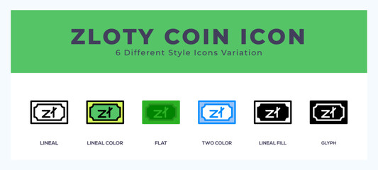 Zloty coin icon set. outline. glyph black. flat color and filled line color