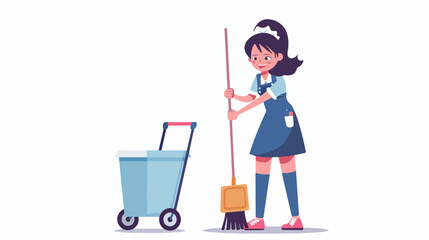 Smiling woman dressed in uniform holding floor mop 